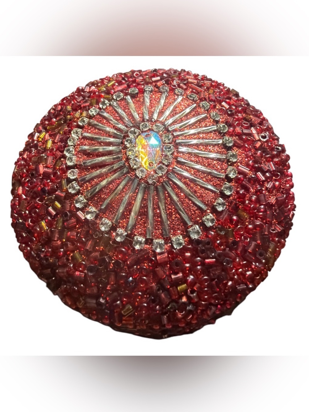 Beaded Red Embellished Metal Round Jewelry Box NWOT